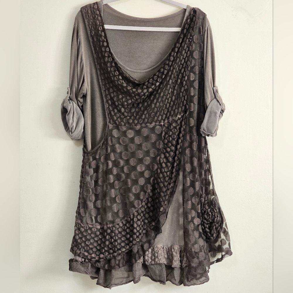 Made in Italy Layered Brown Tunic with Polka Dot Design Sheer Overlay Women's - Picture 2 of 10